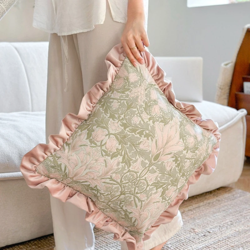 Premium Pink Flower Jacquard Cushion Cover Fashionable Ruffled Edge Patchwork Pillowcase for Bedroom French Luxury Home Decor