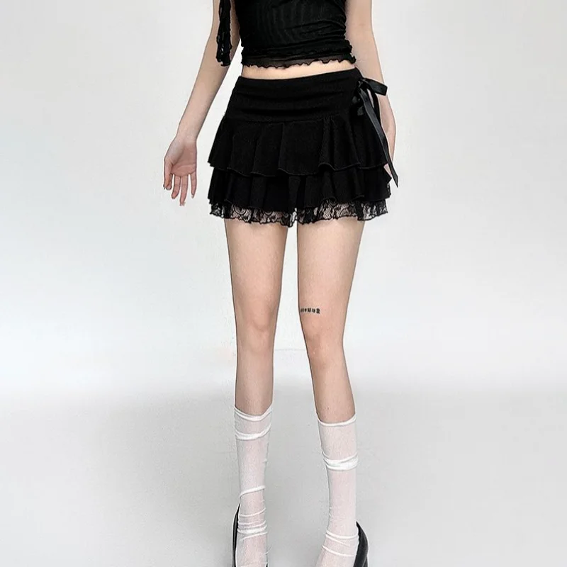 

Bla Lace A-Line Skirt with Bow Splicing Slimming Design Casual Sle Polyester Fiber mid Waist for Ladies