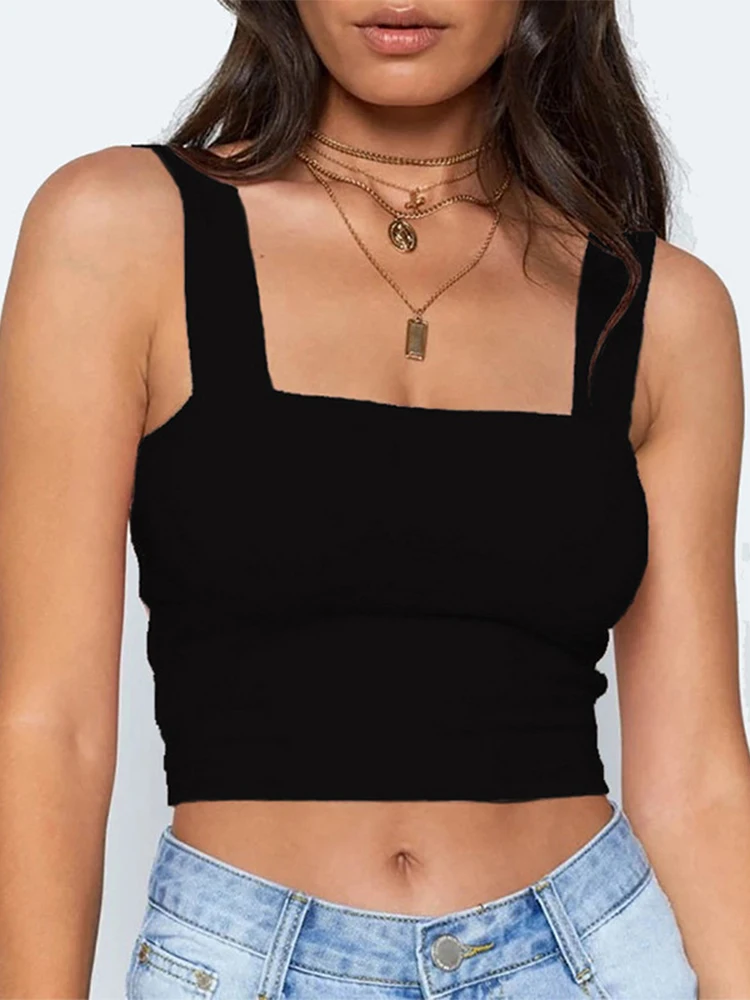 Square Neck Sleeveless Summer Crop Top White Women Black Casual Basic T Shirt Off Shoulder Cami Sexy Backless Tank Top images - 6