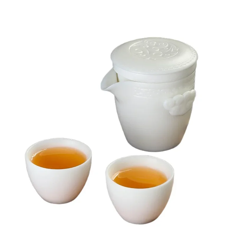 

White porcelain one pot, two cups, two express cups, single portable travel tea set, storage bag.
