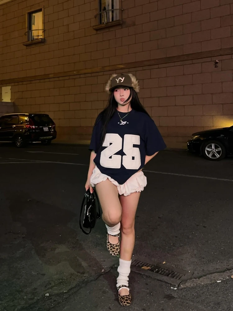 

American Retro Cool Brand Sweet Cool Digital ort Sve T-irt Loose Couple Tops Cotton round Ne Printed Summer Tee