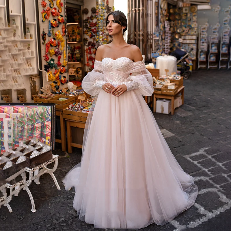 

Charming Champagne A-line Wedding Dress Sweetheart Off Shoulder Long Sleeves Bridal Gown Ziper Back Ruffles Vestidos De Novia