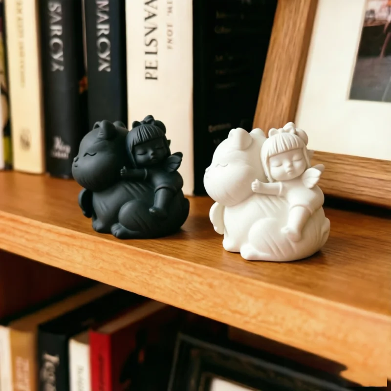 Little Angel Riding Cat Figurine,3D Printed Cherub And Feline Sculpture For Bookshelf Window Nook Warm Home Desktop Decor Gift