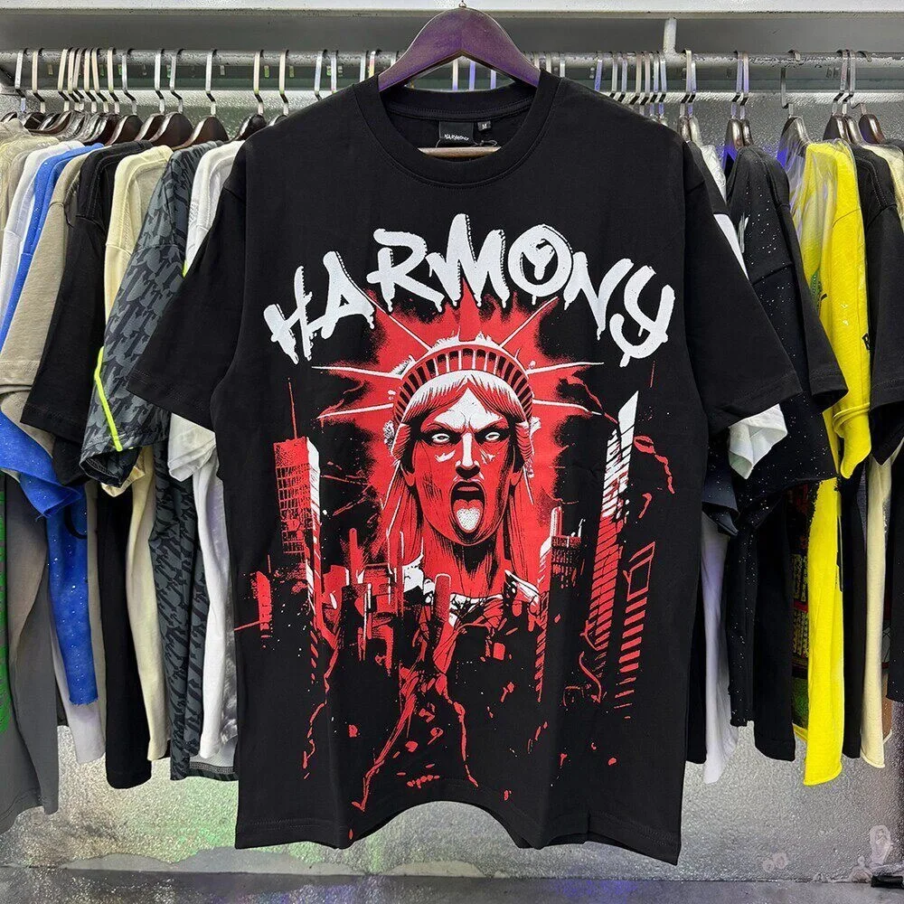 Harmony Retro Letterprint Beaded Summer Streetwear Men's and Women's Loose-Fitting Casual Short-Sleeved T-Shirt