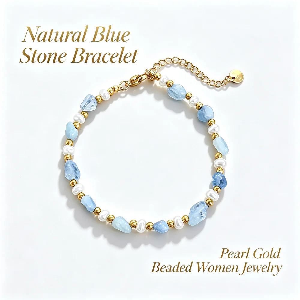 Greatera Woman Stainless Steel String Bead Bracelets Dainty Blue Natural Stone Hand Chain  Festival Classic Waterproof Jewelry