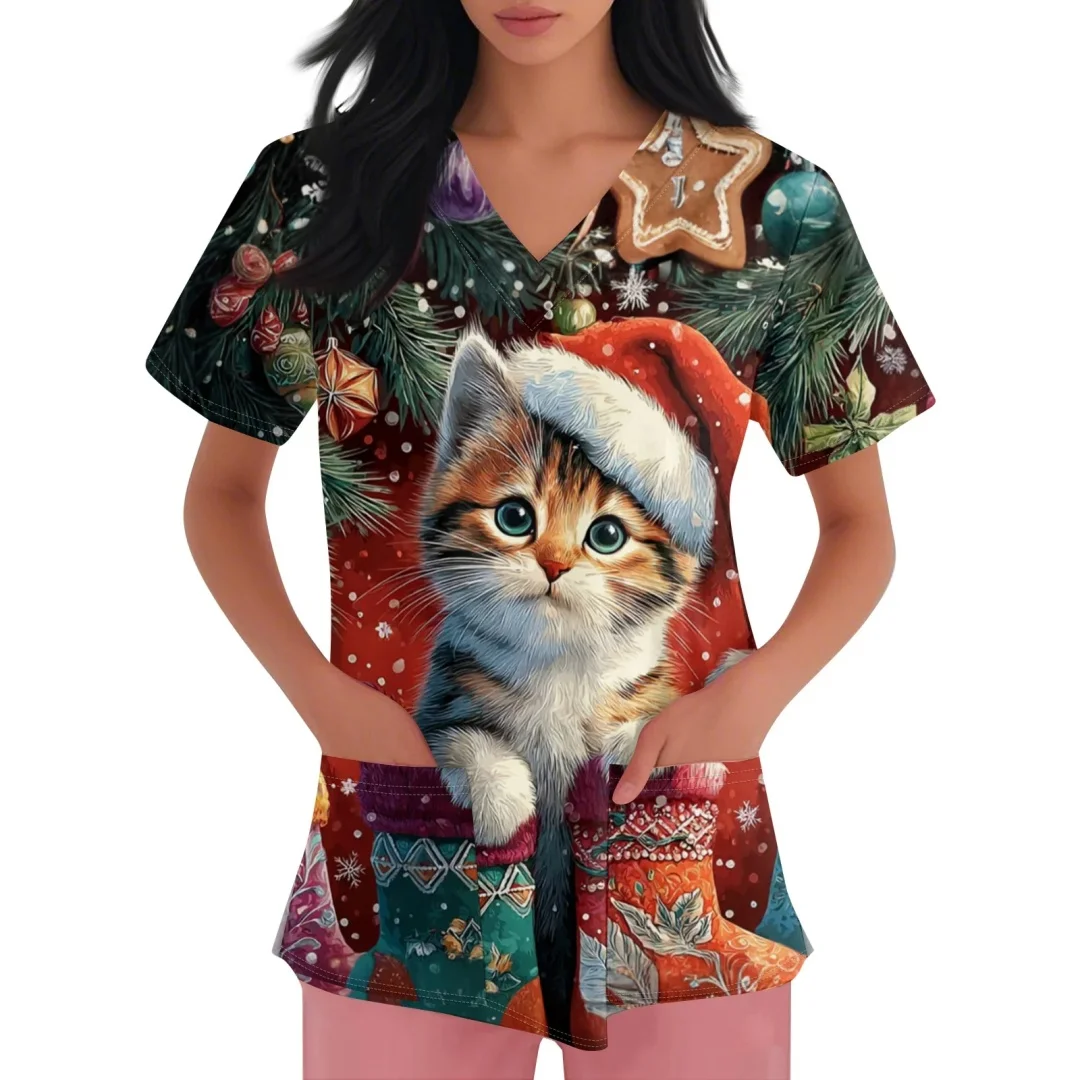Nieuwe Sanitair Uniform Vrouw Kerstcollectie Print Modieuze V-hals Korte Mouw Hoge Kwaliteit Medische Uniformen Dames Top