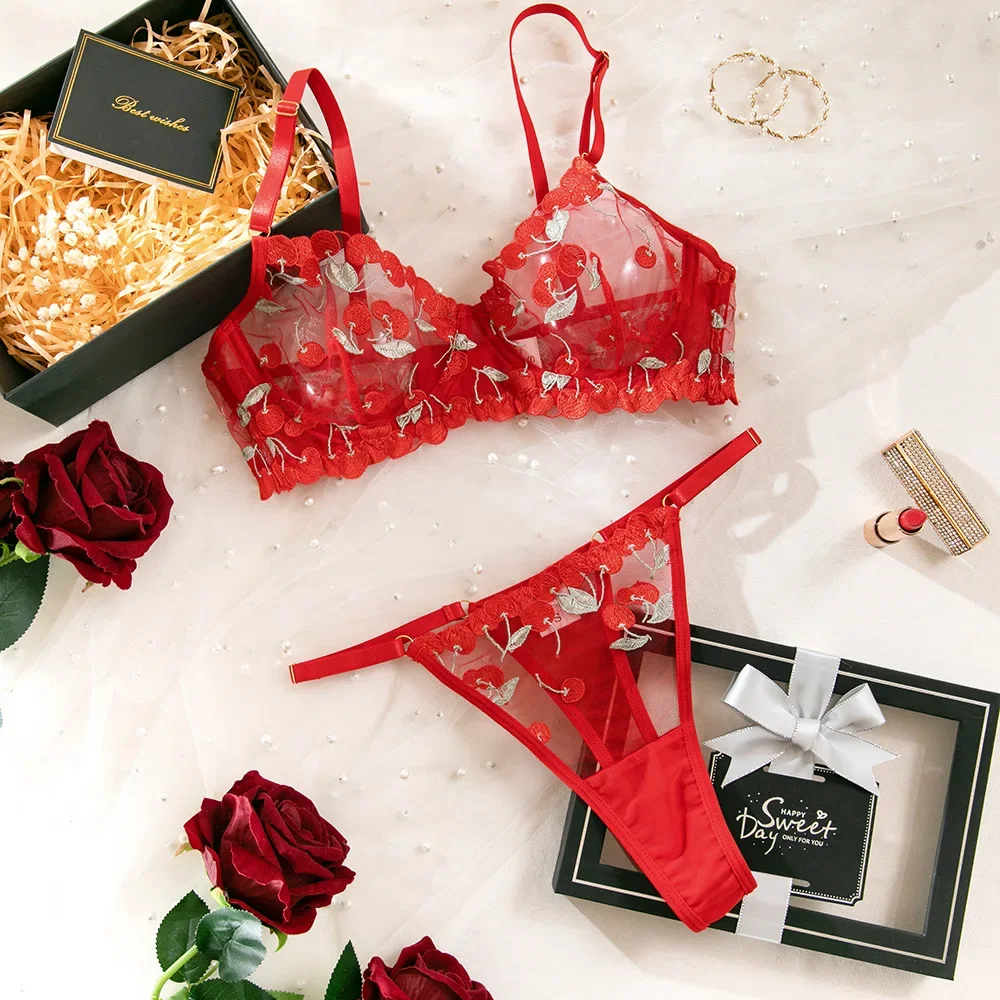 

Womens Seductive Sheer Mesh Underwear Floral Embroidery Transparent 2 Piece Lingerie Sets Suspender Bras and Low Waist Panties
