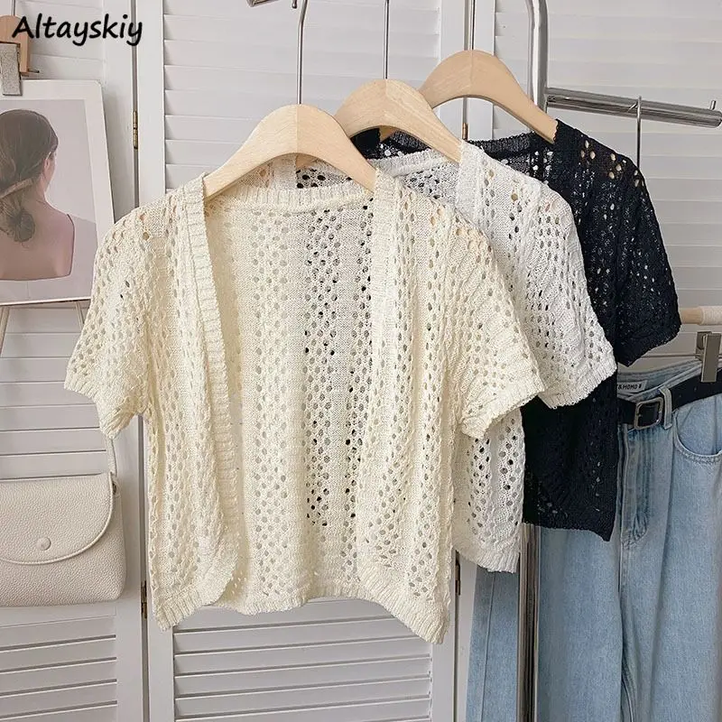 

Cardigans Women Hollow Out Summer Breathable Short-sleeve Literary Office Lady Cropped Vintage Designed Harajuku Leisure Fashion