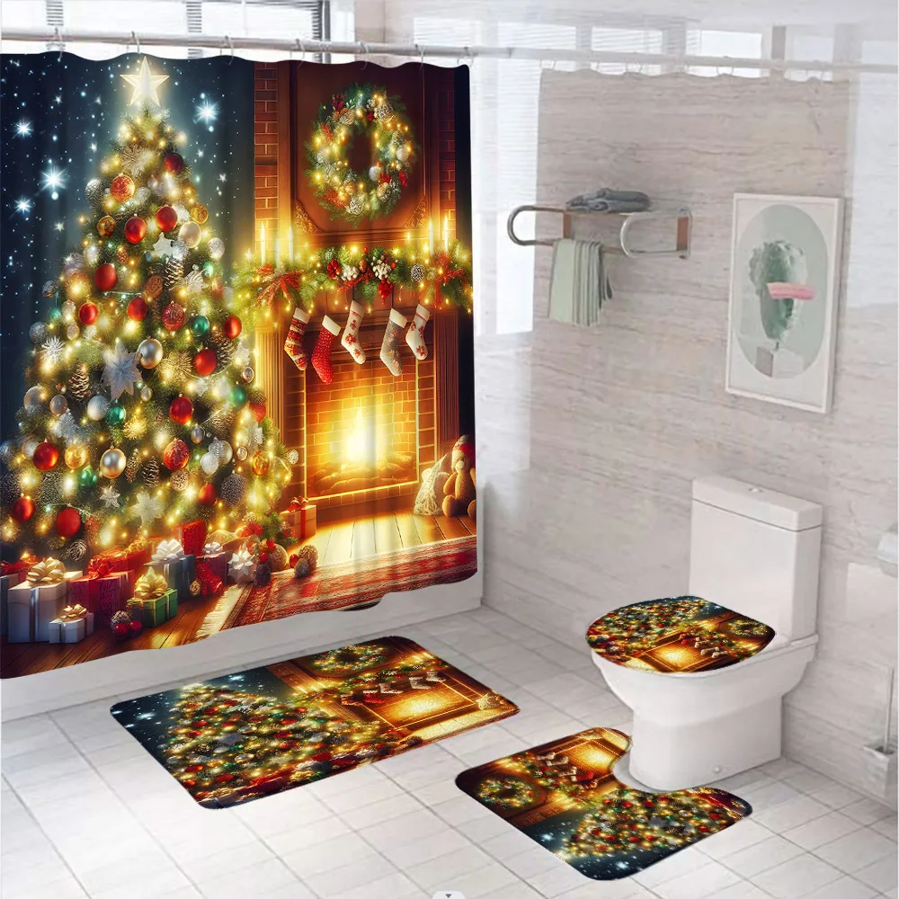 Christmas Fireplace Shower Curtain Sets Xmas Tree Stocking Fabric Screen with Rugs Toilet Lid Cover Bath Mat for Bathroom Decor