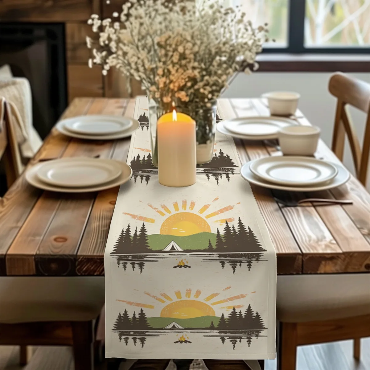 print table runner Sunset Camping Vintage Forest Print Tablecloth Ideal for Kitchen,Dining,Coffee Table,side tables,Holiday Home