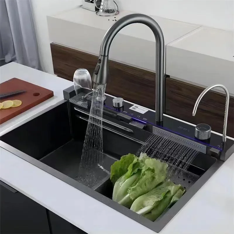 Complete Whole Set Waterfall Kitchen Sink Stainless Steel Sinks Big Single Bowl with Dish Rack Under Mount Sinks