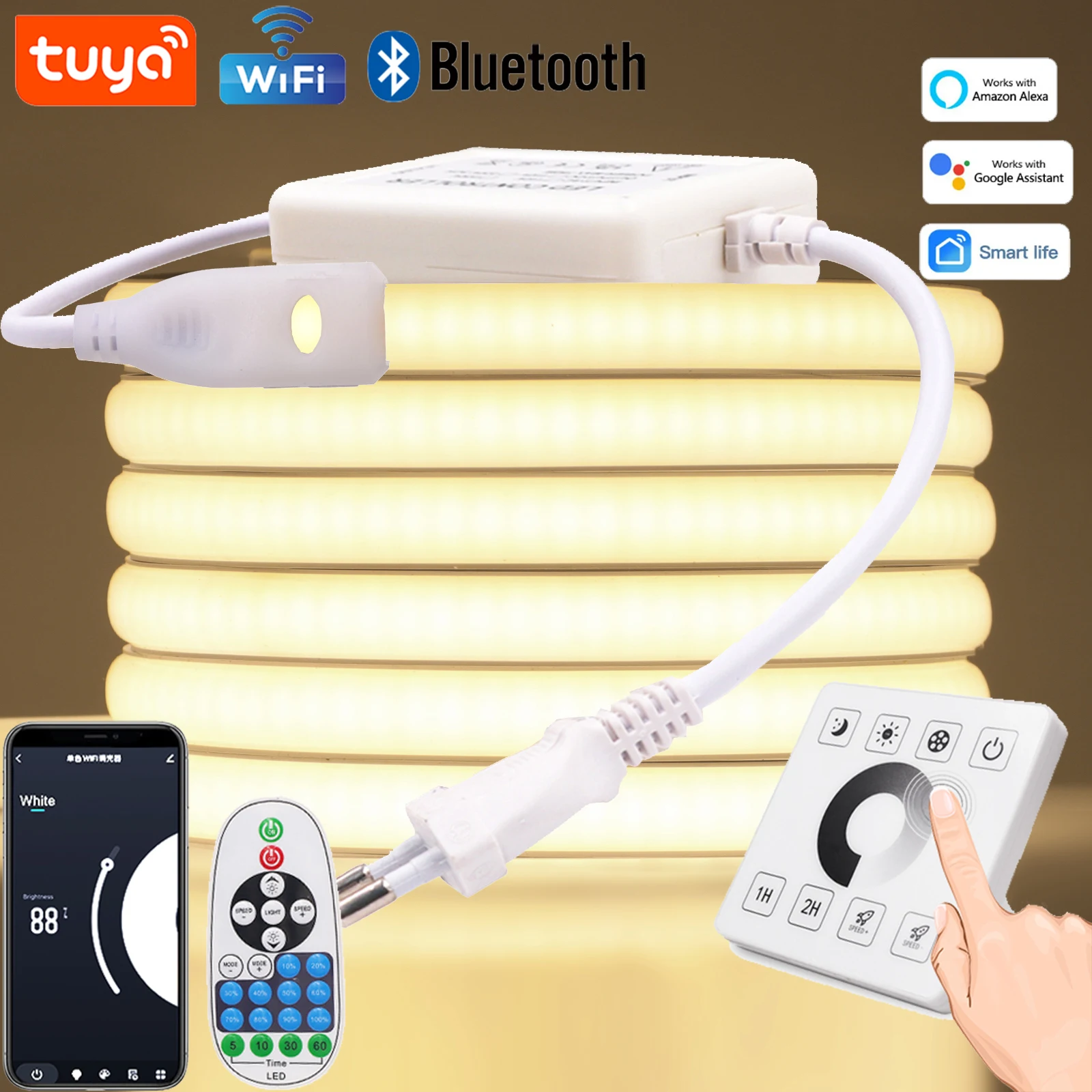 Smart Tuya WiFi COB LED Strip Light 220V 288LEDs/m Dimmable LED Tape Bluetooth COB LED Lights Waterproof Linear Lighting