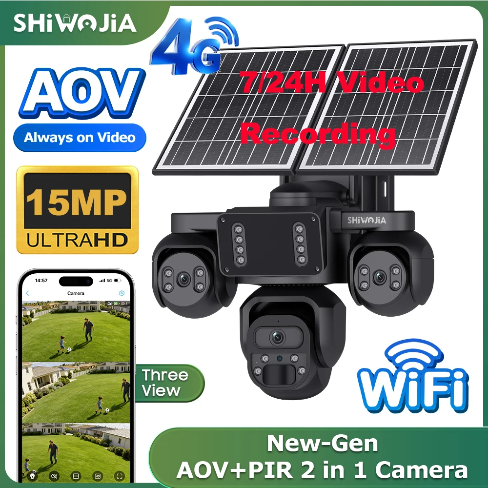 SHIWOJIA WIFI Solar Panel Camera AOV 4G SIM Three Lens 15MP Three Screen Wireless Outdoor Camera Video Recording Auto Tracking
