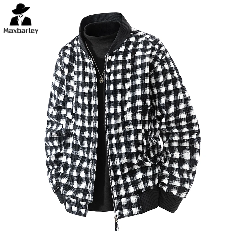 

2025 Men Jacket Checkered Stripe Trendy Versatile Comfortable Breathable Baseball Collar Jacket Outdoor Korean Loose Zipper Coat