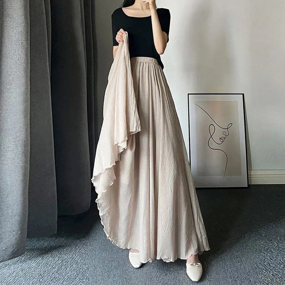 Black White 8 Colors Elegant Midi Skirt Women Loose A-line Cotton Linen Pleated Long Skirts Girl Wave Sun Skirt Dance Skirts