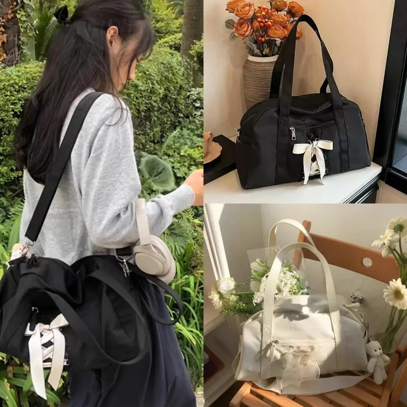 Y2K Korean Bow Tote Bag Oi Nylon Thick Waterproof Tie Strap Single Shoulder Crossbody Tote Fitness High-capacity Bag Girl New