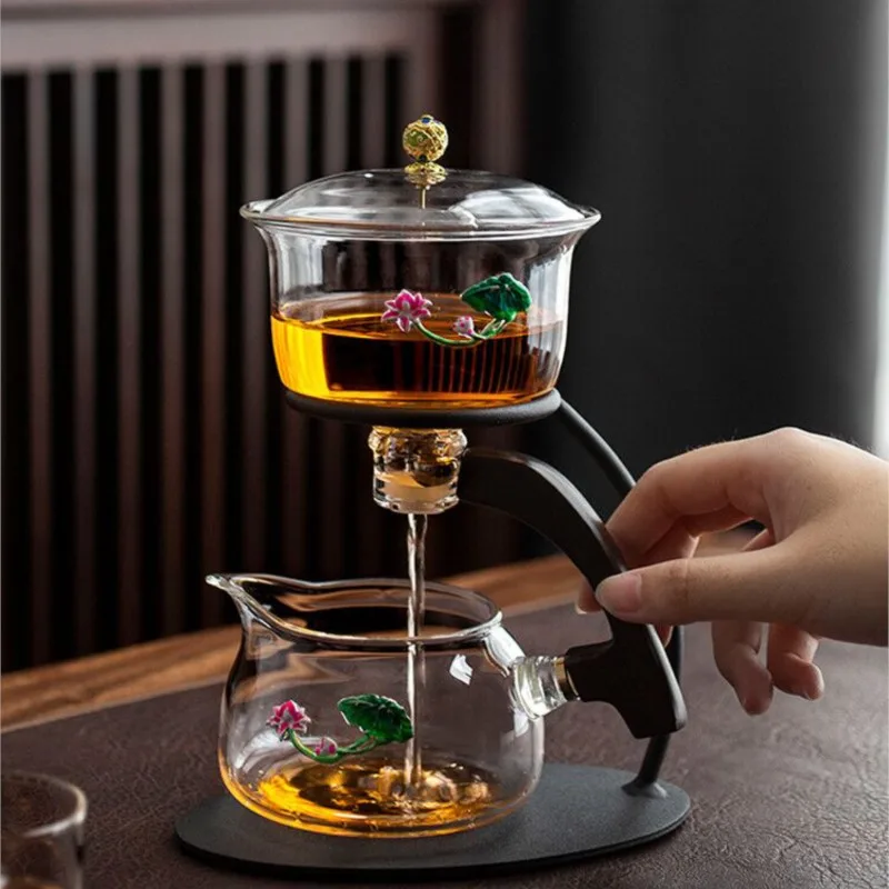 

Semi-Automatic Glass Tea Set Drinking Water Filter Transparent Decoration Teacups Diversion Rotating Cover Bowl Leisure