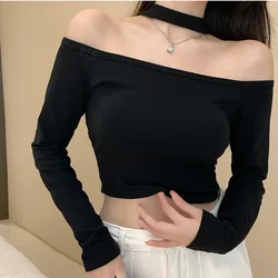 Long Sleeve T Shirt For Women Sexy Slim Tshirts Slash Neck Off Shoulder Crop Tops Female 2025 Spring Summer Korean Style Clothes
