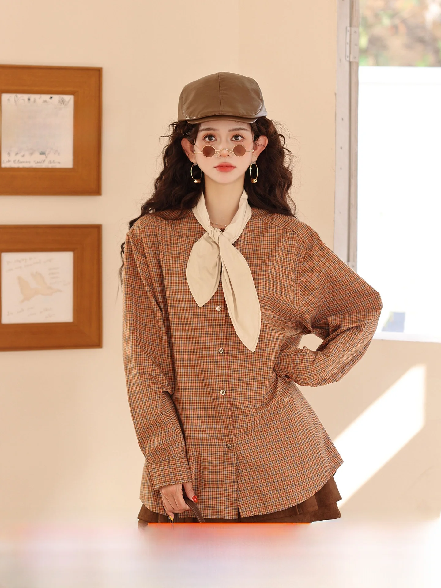

Chend Long Sleeve Plaid Shirt Women's Style 2026 New Versatile Shirt Early Spring Top Knot Cotton Polyester Blend S...