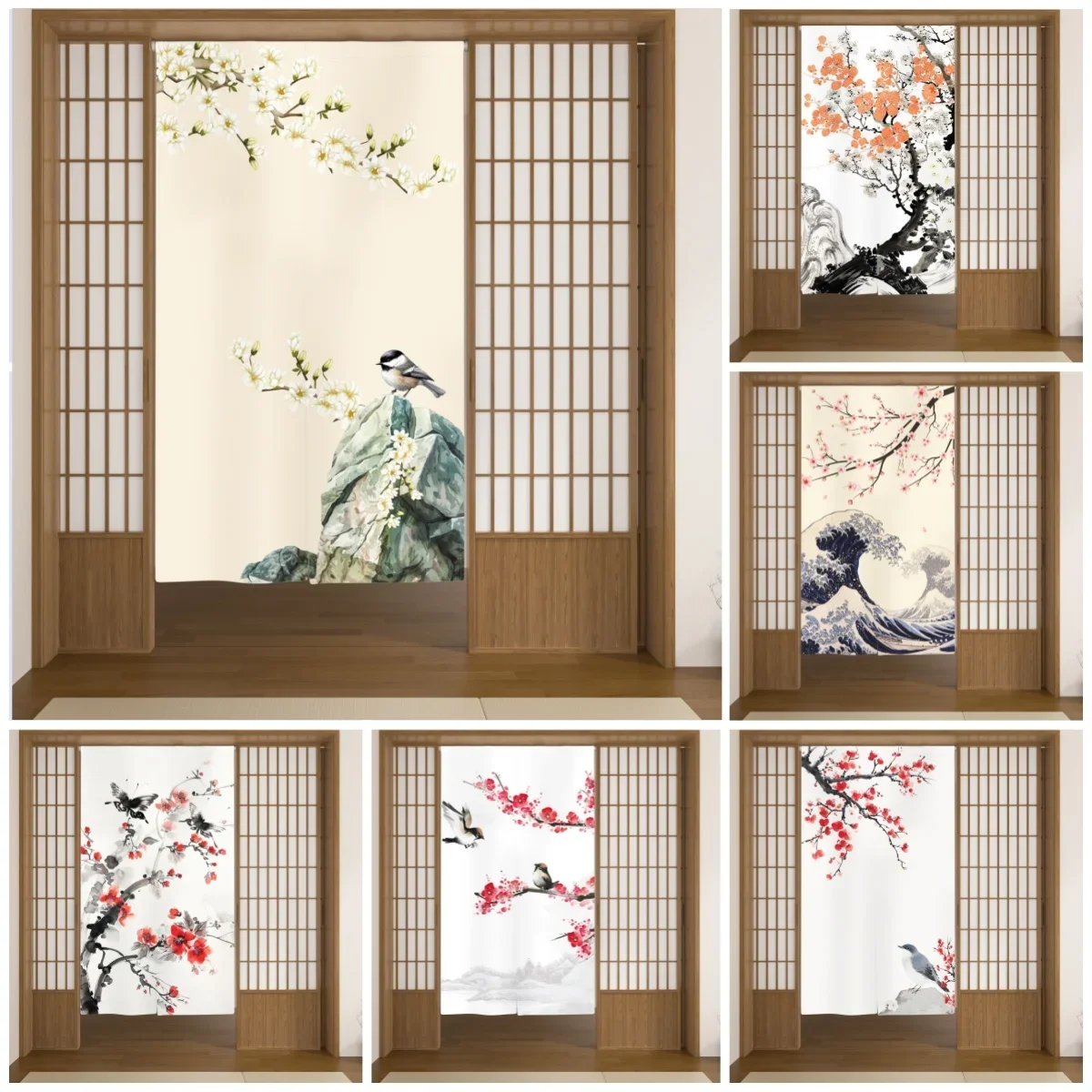 Japanese Door Curtain Ink Wash Art Cherry Blossom Home Decor Privacy Partition Screens Restaurant Kitchen Hanging Half-Curtains
