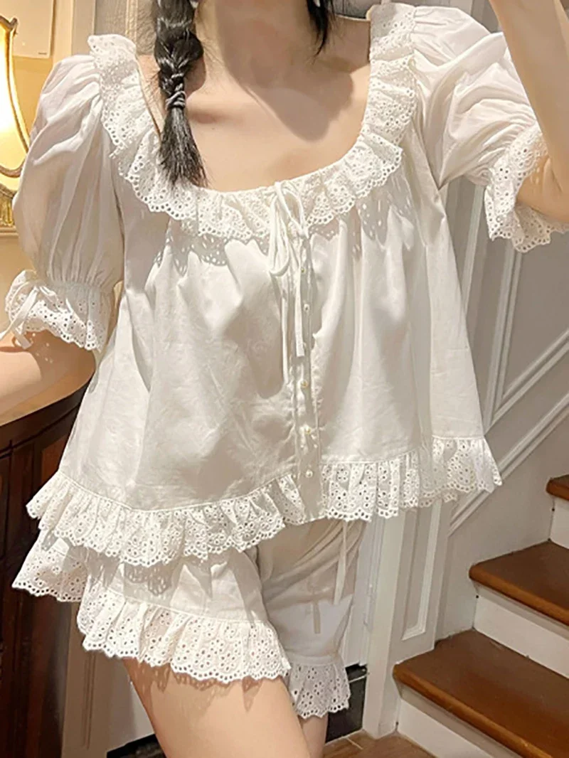 Women French Sweet Victorian Lolita Ruffle Lace Trim 2Pcs Pajama Set Short Sleeve Vintage Princess Soft Breathable Lightweight