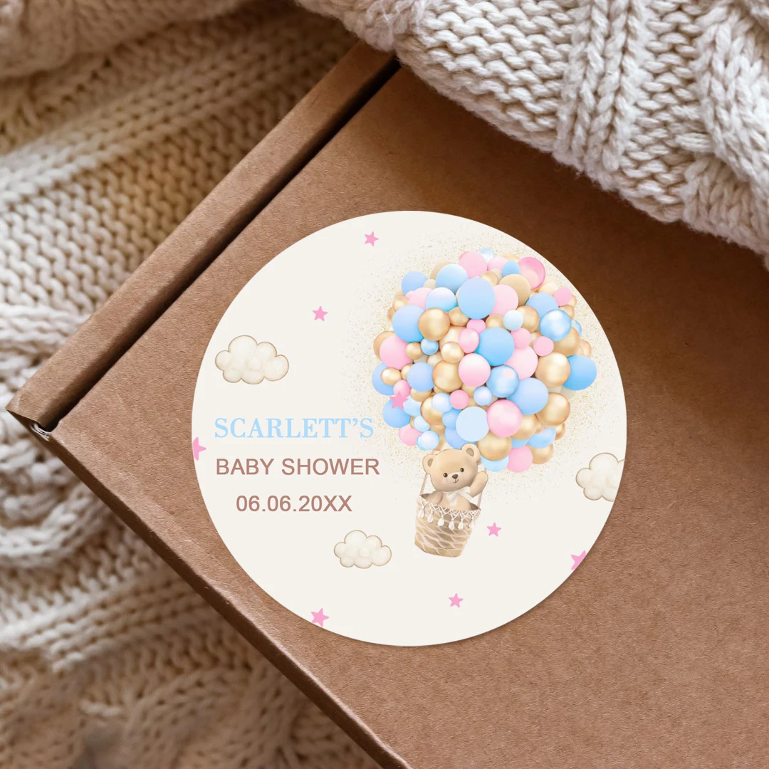 96 customized stickers, colored hot air balloons and teddy bear cartoon style, personalized names, birthday gift stamps, labels
