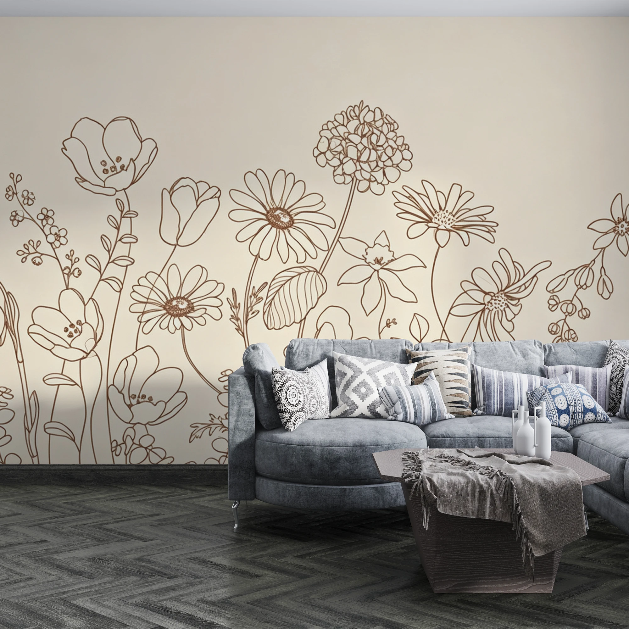 Custom3D Mural Wallpaper Line Art Wildflower  Wall Mural Sketch Floral Neutral Beige For Bedroom Living Room Home Decor