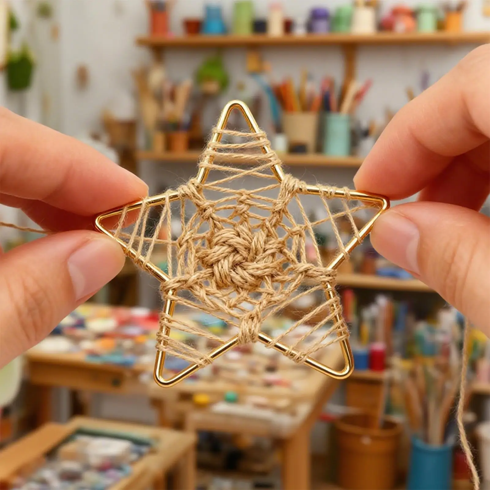 Anillos artesanales de metal, 4 piezas, colgantes de corazón de luna dorada, atrapasueños de Navidad, pentagrama, círculos de metal para proyecto de arte para el hogar festivo