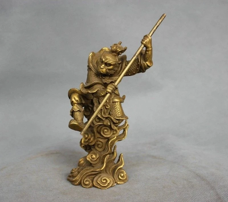 China Myth Bronze Sun Wukong Monkey King Hold Stick Fight Statue