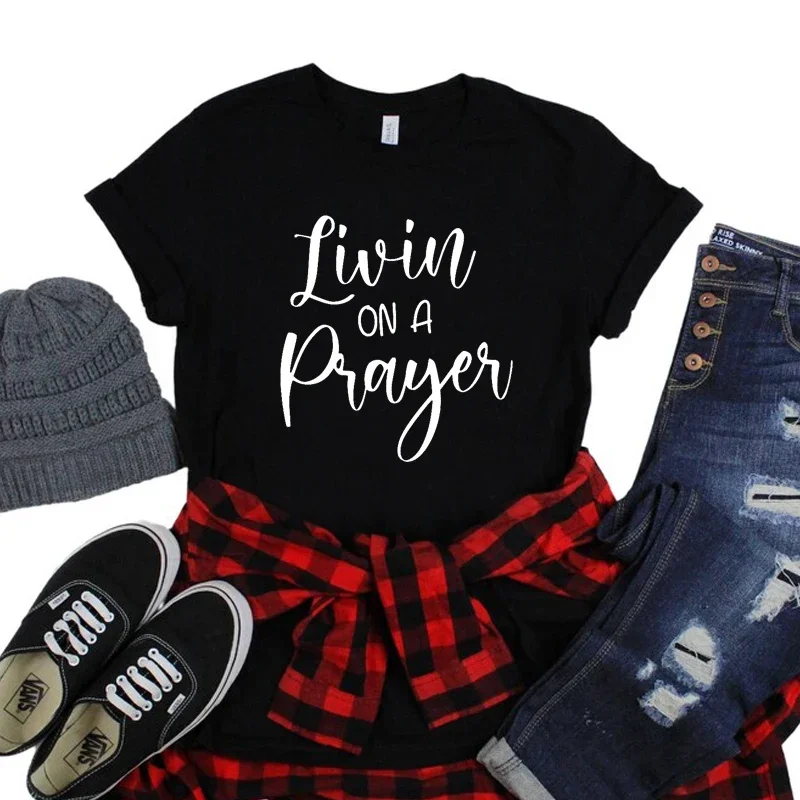 Women T Shirt Livin on A Prayes Bible Verse Cotton Inspirational Clothes Jesus Church O Neck T-shirt Inspired Top