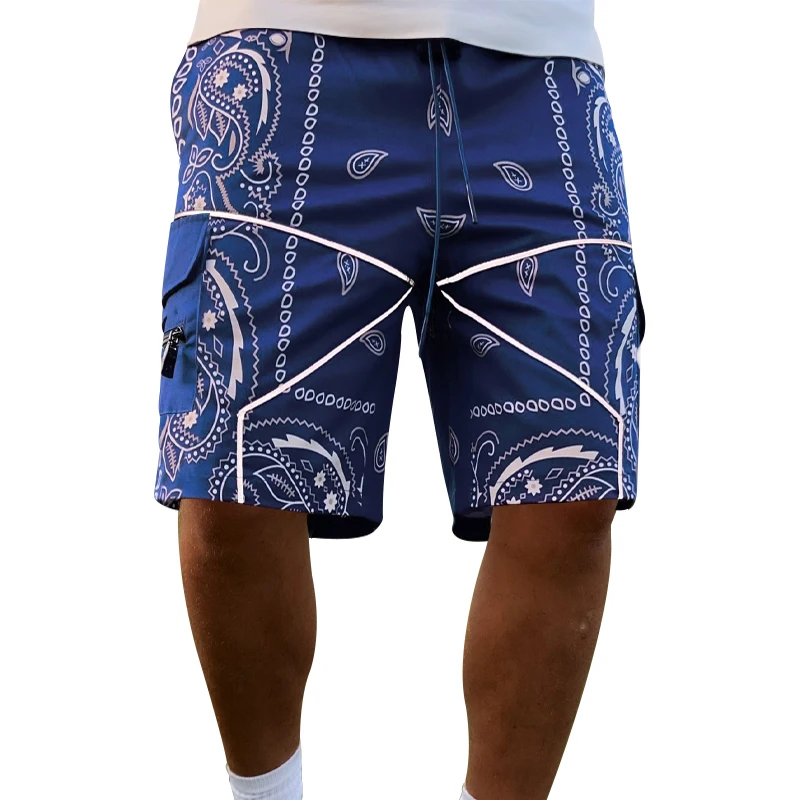 Trendy Cashew Flower Pattern Cargo Shorts, Men\'s Multi Flap Pockets Shorts, Loose Casual Outdoor Shorts Streetwear Hip hop pants