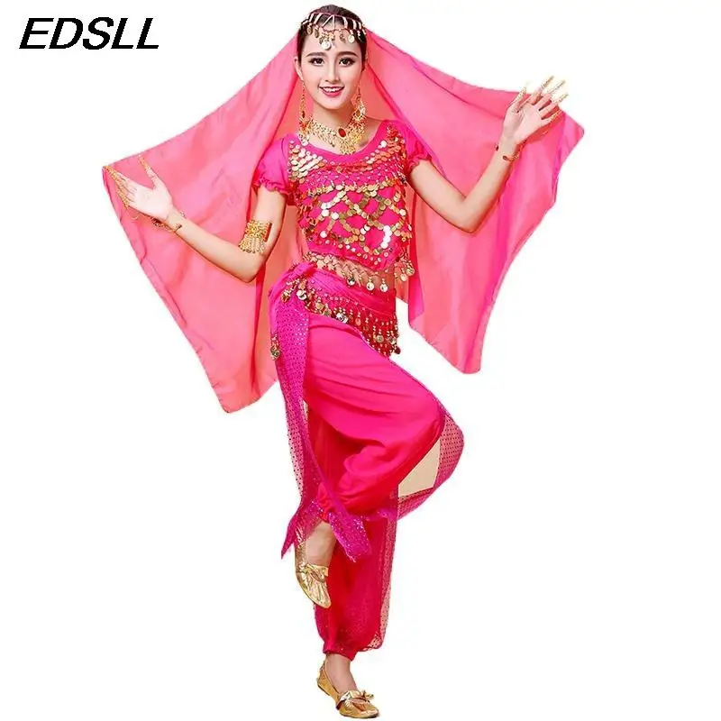 4PCS Women Indian Dance Bollywood Cosplay Jasmine Princess Clothing Dance Practice Training Suit Adult Belly Dance Costume Set