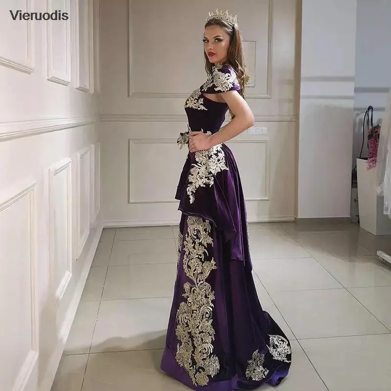 فستان سهرة حورية البحر أرجواني 3 قطع تنورة قابلة للانفصال بفتحة جانبية مزين فساتين حفلات برقبة عالية قطيفة ذهبية جزائرية #4