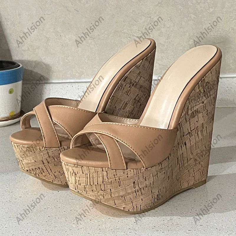 Ahhlsion Real Photos Women Summer Slingback Sandals Wedges High Heels Round Toe Red Nude Party Shoes Ladies US Plus Size 4-16