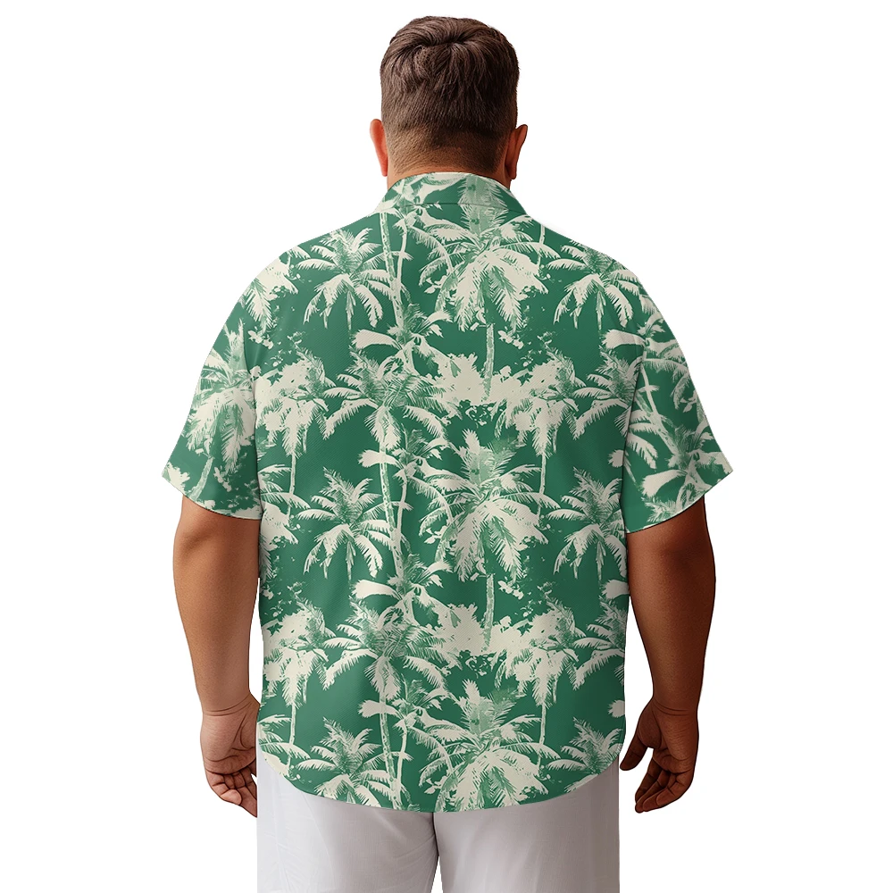 2024 new  Men's shirts plus size Summer holiday cool green coconut tree vertical strip printed clothing casual short-sleeved