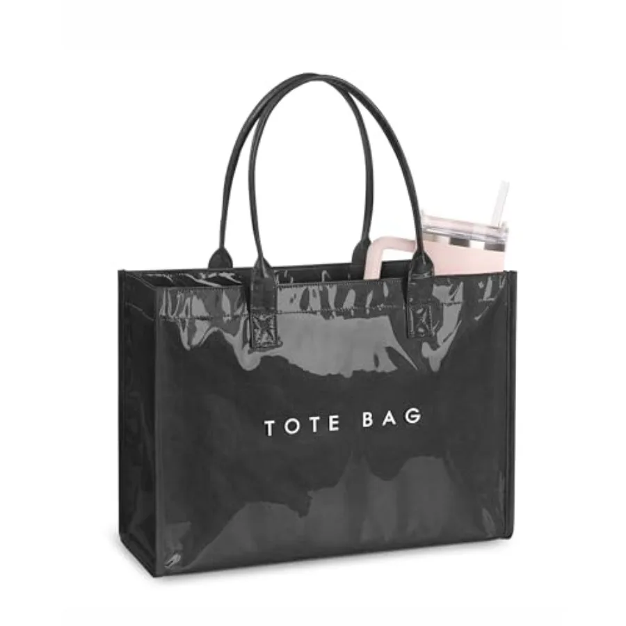 

Large PVC Tote Bag for Women Kraft Paper Handbag Beach Tote with Letter Print Top Handle Purse for Work Travel Shopping