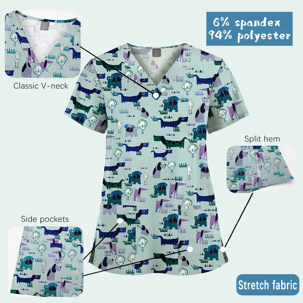 Nurse Uniform Women\'s Tops V Neck T Shirt Cat Dog Cartoon Printed Tops Uniform Short Sleeve Pockets Medical Female Nurse Uniform