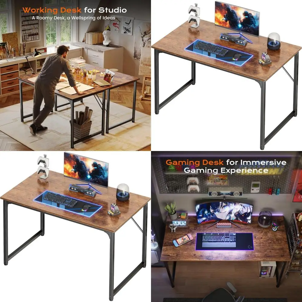 

24 X 40 Inch Rustic Brown Metal Frame Desk for Gaming, Office, and Home Study