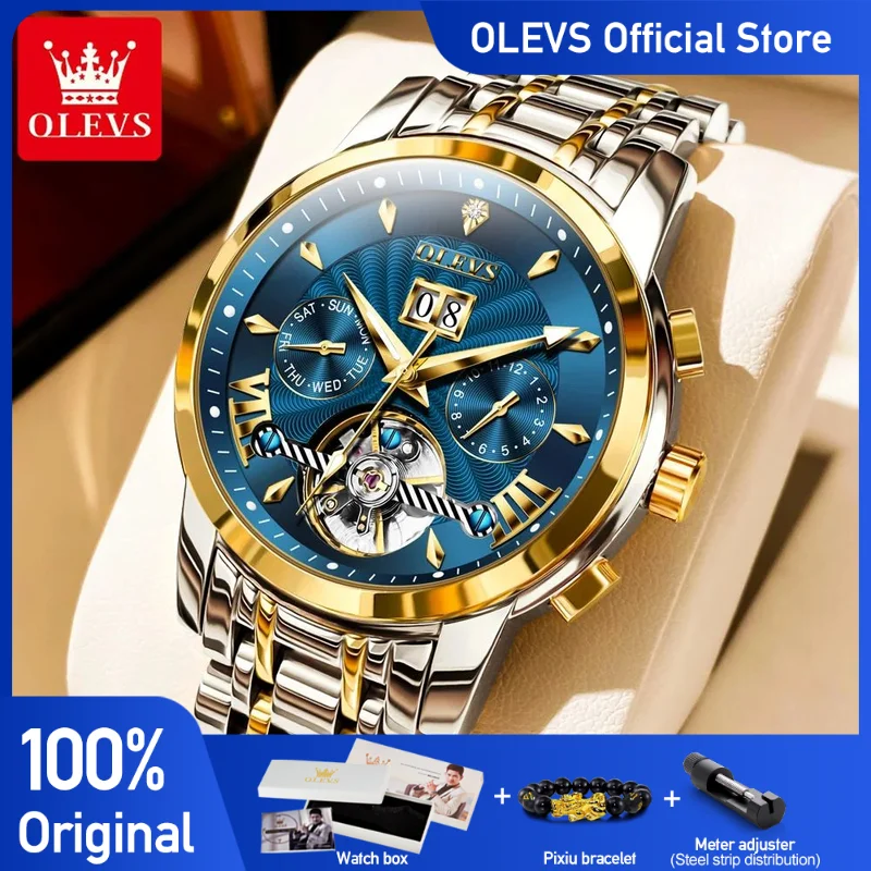 OLEVS Men\'s Watches Classic Hollow Out Automatic Mechanical Wristwatch Original Movement Waterproof Luminous Calendar Year Moon