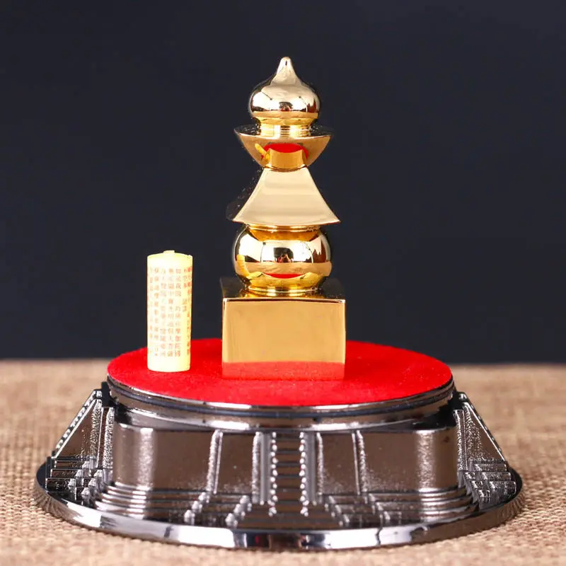 Plated Brass Five Stupa Small Buddhist Reliquary Tower for Car and Altar Display, Devotional Home Decor Accent