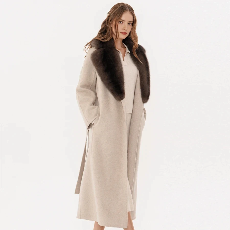 เสื้อโค้ทขนสัตว์ฤดูหนาวสำหรับผู้หญิง ปกขนสุนัขจิ้งจอกแท้ สีดำ ยาว เสื้อโค้ทขนสัตว์แท้สำหรับผู้หญิง