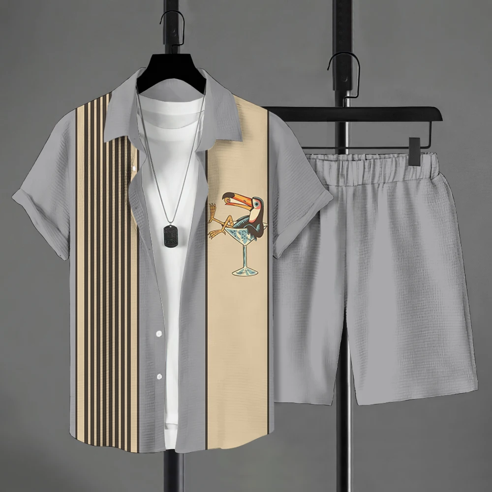 Men's Lapel Shirt Suit Vintage Casual Short Sleeve Hawaiian Beach Pants Summer Funny Animal Print Bird Pattern Men's Clothing