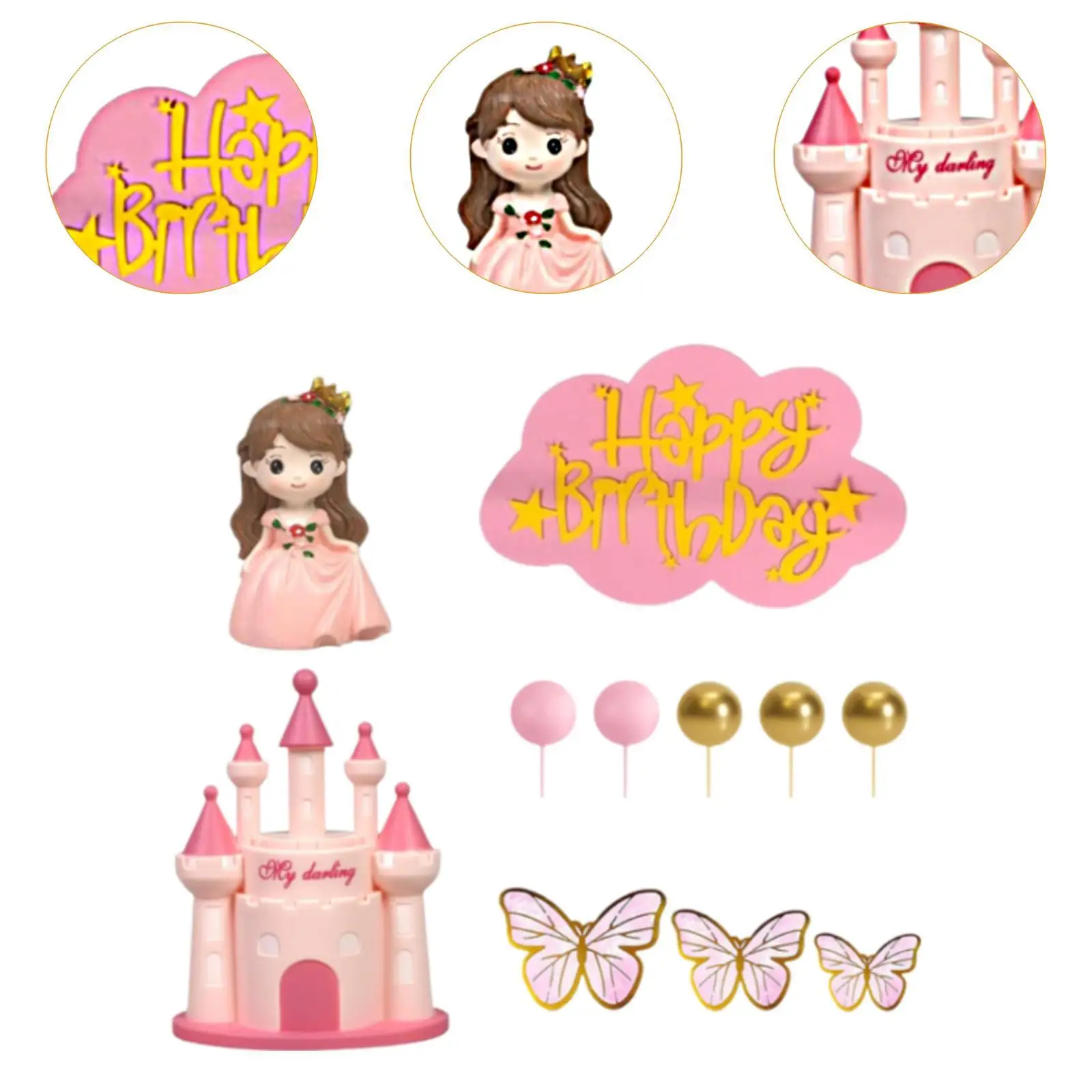 Mermaid Cake Topper Pink Castle Princess Figurines Butterfly Balls for Baby Shower Girls Birthday Decorations view 3