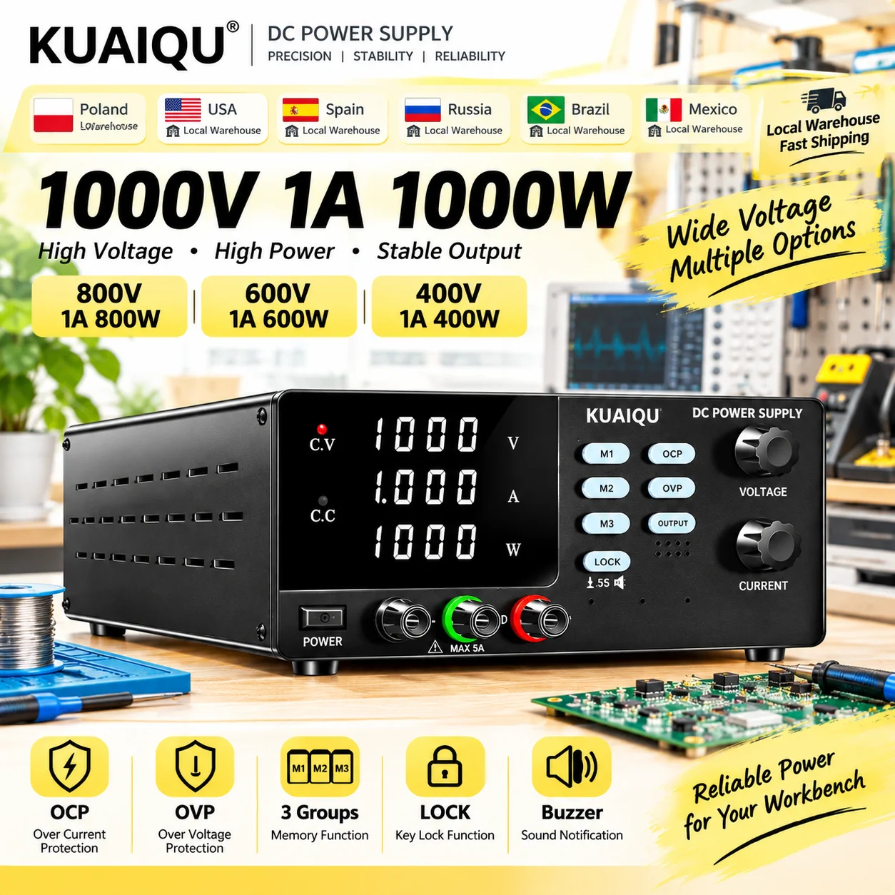 KUAIQU 1000V 1A DC Power Supply 800V/600V/400V Adjustable Lab Bench Source OCP/OVP/M1~M3/Buzzer Switching Regulator Voltage Test