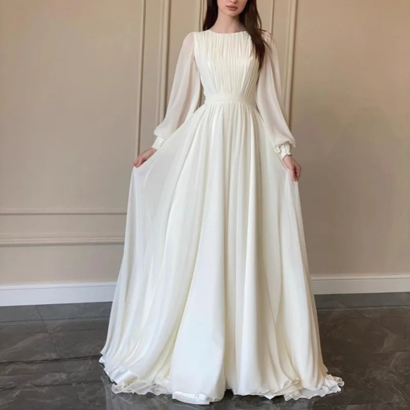 

2026 Spring Autumn New Lantern Sleeve Dress White Wedding Neck Dress Long Sleeve Dress