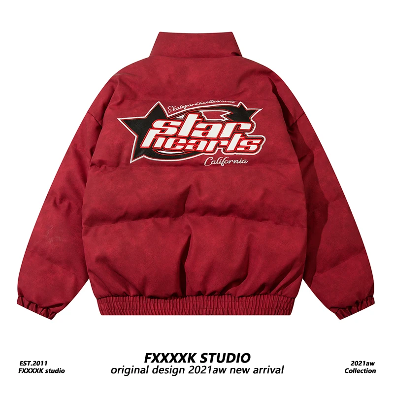 Jaqueta de Algodão com Bordado de Letras em Couro PU Original FXK, Marca Tendência Americana, Estilo Solto para o Inverno