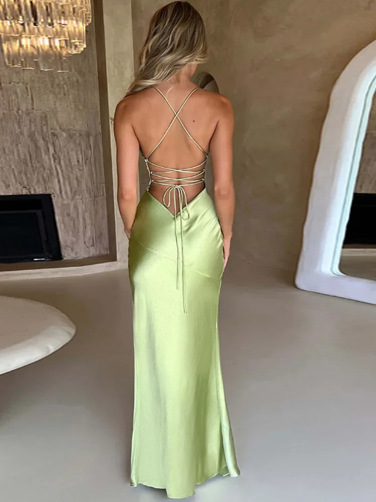 Strapless Satin Maxi Dress Women Open Back High Slit Slim Dress Women 2024Spring Summer Elegant Party Club Vestidos