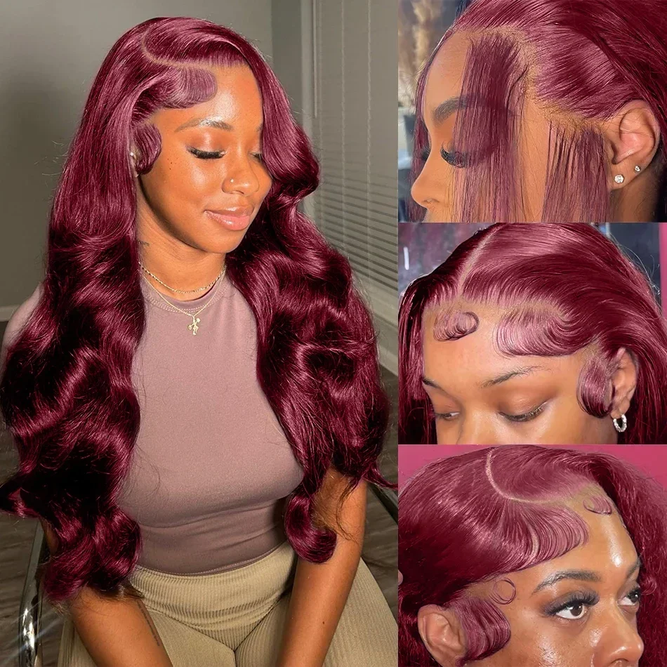 Perruque Lace Body Wave Brésilienne Remy Naturelle, Cheveux Humains, 13x6, 13x4, Couleur Bordeaux, Transparente, 100% au Choix, pour Femme