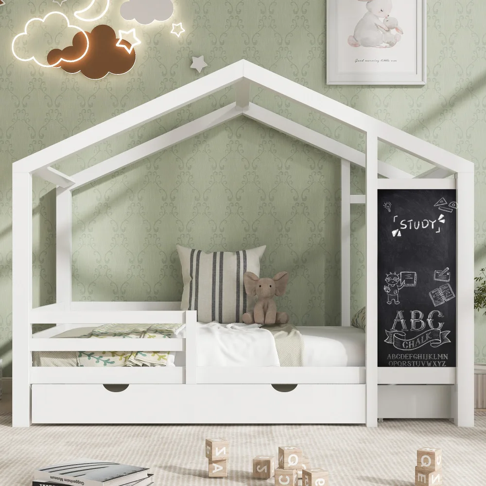 

Full House Bed with Blackboard and Drawers, Two assembly options,Protective rails on three sides Children's bedroom furniture