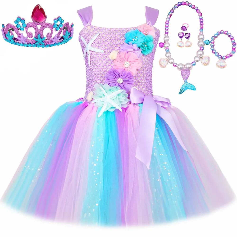 Girls Mermaid Costume Glitter Blue Purple Flower Mermaid Princess Tutu Dress for Girls Halloween Birthday Party Dress Up Clothes